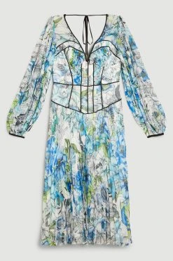 Karen Millen Corset Detail Floral Pleated Woven Maxi Dress -Karen Millen shop blue corset detail floral pleated woven maxi dress 4