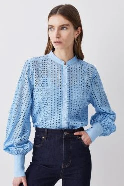 Karen Millen Cotton Broderie Blouse -Karen Millen shop blue cotton broderie blouse 1 2