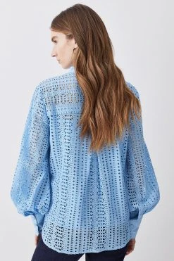 Karen Millen Cotton Broderie Blouse -Karen Millen shop blue cotton broderie blouse 1 3