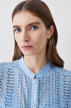 Karen Millen Cotton Broderie Blouse -Karen Millen shop blue cotton broderie blouse 1 4