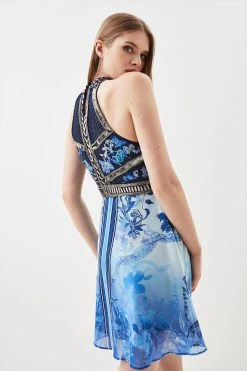 Karen Millen Cross Front Beaded Embellished Woven Mini Dress -Karen Millen shop blue cross front beaded embellished woven mini dress 2