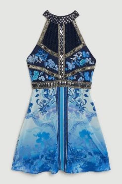 Karen Millen Cross Front Beaded Embellished Woven Mini Dress -Karen Millen shop blue cross front beaded embellished woven mini dress 3