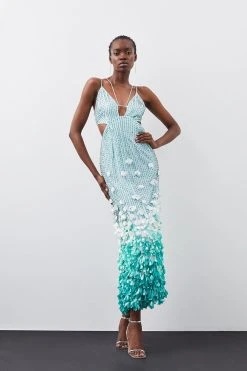 Karen Millen Crystal Applique Deep V Woven Maxi Dress -Karen Millen shop blue crystal applique deep v woven maxi dress 6