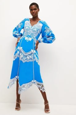 Karen Millen Cutwork Beaded Drama Sleeve Woven Midi Dress -Karen Millen shop blue cutwork beaded drama sleeve woven midi dress 1