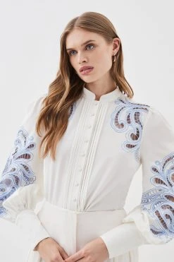 Karen Millen Cutwork Twill Button Through Woven Shirt -Karen Millen shop blue cutwork twill button through woven shirt 1
