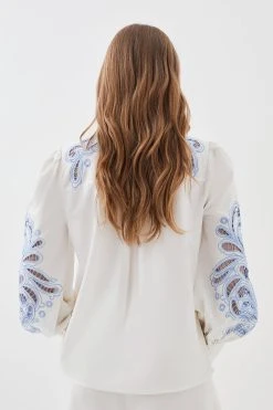 Karen Millen Cutwork Twill Button Through Woven Shirt -Karen Millen shop blue cutwork twill button through woven shirt 2