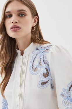 Karen Millen Cutwork Twill Button Through Woven Shirt -Karen Millen shop blue cutwork twill button through woven shirt 3