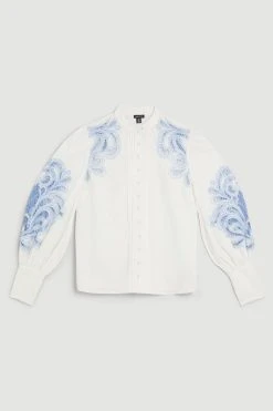 Karen Millen Cutwork Twill Button Through Woven Shirt -Karen Millen shop blue cutwork twill button through woven shirt 4