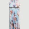 Karen Millen Diamante Trim Floral Pleat Skirt Midi Dress -Karen Millen shop blue diamante trim floral pleat skirt midi dress