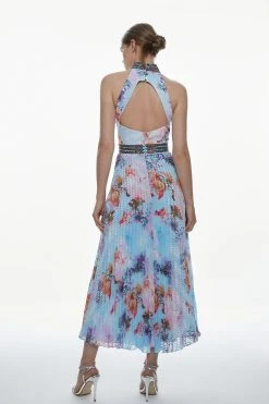 Karen Millen Diamante Trim Floral Pleat Skirt Midi Dress -Karen Millen shop blue diamante trim floral pleat skirt midi dress 2
