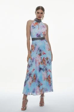 Karen Millen Diamante Trim Floral Pleat Skirt Midi Dress -Karen Millen shop blue diamante trim floral pleat skirt midi dress 4