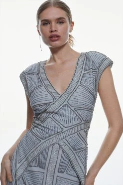 Karen Millen Embellished V Neck High Low Maxi Dress -Karen Millen shop blue embellished v neck high low maxi dress 3