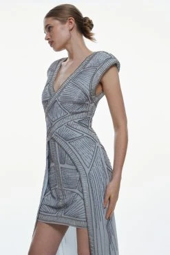 Karen Millen Embellished V Neck High Low Maxi Dress -Karen Millen shop blue embellished v neck high low maxi dress 4