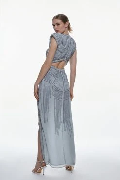 Karen Millen Embellished V Neck High Low Maxi Dress -Karen Millen shop blue embellished v neck high low maxi dress 5