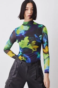 Karen Millen Floral Print Long Sleeve Funnel Neck Mesh Top