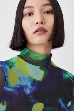 Karen Millen Floral Print Long Sleeve Funnel Neck Mesh Top -Karen Millen shop blue floral print long sleeve funnel neck mesh top 1 2