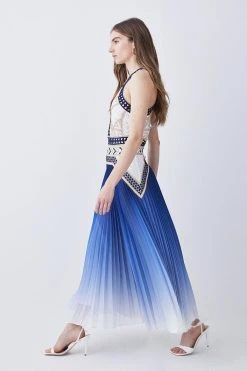 Karen Millen Geo Guipure Metallic Woven Pleat Midi -Karen Millen shop blue geo guipure metallic woven pleat midi 1