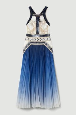 Karen Millen Geo Guipure Metallic Woven Pleat Midi -Karen Millen shop blue geo guipure metallic woven pleat midi 3