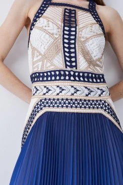 Karen Millen Geo Guipure Metallic Woven Pleat Midi -Karen Millen shop blue geo guipure metallic woven pleat midi 4