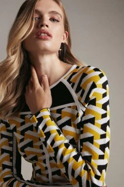 Karen Millen Geo Jacquard Knit Skater Mini Dress -Karen Millen shop blue geo jacquard knit skater mini dress 2