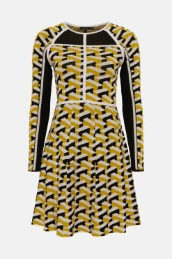 Karen Millen Geo Jacquard Knit Skater Mini Dress -Karen Millen shop blue geo jacquard knit skater mini dress 3