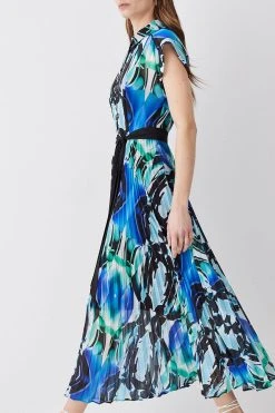 Karen Millen Mirrored Kaleidoscope Pleated Midi Shirt Dress -Karen Millen shop blue mirrored kaleidoscope pleated midi shirt dress 1