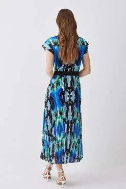 Karen Millen Mirrored Kaleidoscope Pleated Midi Shirt Dress -Karen Millen shop blue mirrored kaleidoscope pleated midi shirt dress 3