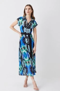 Karen Millen Mirrored Kaleidoscope Pleated Midi Shirt Dress -Karen Millen shop blue mirrored kaleidoscope pleated midi shirt dress 4