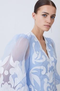 Karen Millen Petite Applique Organdie Buttoned Woven Mini Dress 8 Karen Millen Petite Applique Organdie Buttoned Woven Mini Dress -Karen Millen shop blue petite applique organdie buttoned woven mini dress 1