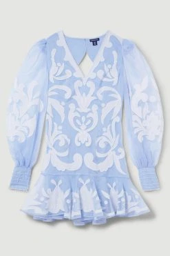 Karen Millen Petite Applique Organdie Buttoned Woven Mini Dress 9 Karen Millen Petite Applique Organdie Buttoned Woven Mini Dress -Karen Millen shop blue petite applique organdie buttoned woven mini dress 2