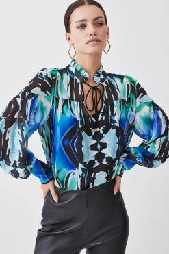 Karen Millen Petite Mirrored Kaleidoscope Woven Blouse 8 Karen Millen Petite Mirrored Kaleidoscope Woven Blouse -Karen Millen shop blue petite mirrored kaleidoscope woven blouse 1