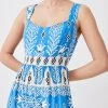 Karen Millen Petite Placement Print Woven Tiered Strappy Maxi Dress -Karen Millen shop blue petite placement print woven tiered strappy maxi dress