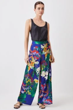 Karen Millen Petite Printed Wide Leg Waist Tie Jersey Trousers