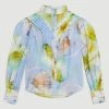 Karen Millen Photographic Floral Balloon Sleeve Silk Cotton Blouse -Karen Millen shop blue photographic floral balloon sleeve silk cotton blouse