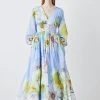 Karen Millen Photographic Floral Balloon Sleeve Silk Cotton Maxi Dress -Karen Millen shop blue photographic floral balloon sleeve silk cotton maxi dress
