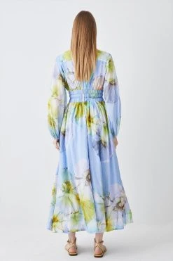 Karen Millen Photographic Floral Balloon Sleeve Silk Cotton Maxi Dress -Karen Millen shop blue photographic floral balloon sleeve silk cotton maxi dress 2