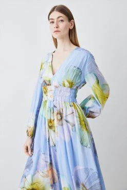 Karen Millen Photographic Floral Balloon Sleeve Silk Cotton Maxi Dress -Karen Millen shop blue photographic floral balloon sleeve silk cotton maxi dress 3