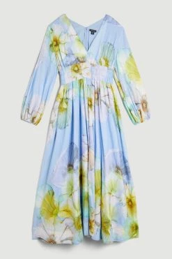 Karen Millen Photographic Floral Balloon Sleeve Silk Cotton Maxi Dress -Karen Millen shop blue photographic floral balloon sleeve silk cotton maxi dress 4