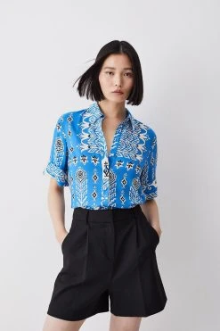 Karen Millen Placement Print Woven Shirt -Karen Millen shop blue placement print woven shirt 4