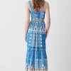 Karen Millen Placement Print Woven Tiered Strappy Maxi Dress -Karen Millen shop blue placement print woven tiered strappy maxi dress
