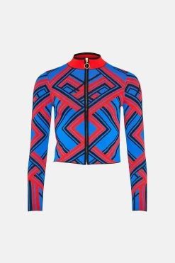 Karen Millen Placement Stripe Jacquard Zip Through Jacket -Karen Millen shop blue placement stripe jacquard zip through jacket 2