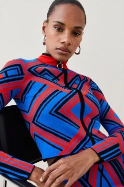 Karen Millen Placement Stripe Jacquard Zip Through Jacket -Karen Millen shop blue placement stripe jacquard zip through jacket 3