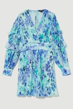 Karen Millen Pleat Detail Petal Print Long Sleeve Mini Dress -Karen Millen shop blue pleat detail petal print long sleeve mini dress 1