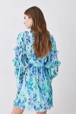 Karen Millen Pleat Detail Petal Print Long Sleeve Mini Dress -Karen Millen shop blue pleat detail petal print long sleeve mini dress 3