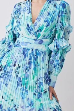 Karen Millen Pleat Detail Petal Print Long Sleeve Mini Dress -Karen Millen shop blue pleat detail petal print long sleeve mini dress 4