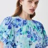 Karen Millen Pleat Detail Petal Print Ruffle Top -Karen Millen shop blue pleat detail petal print ruffle top