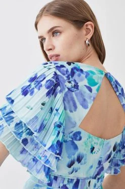 Karen Millen Pleat Detail Petal Print Ruffle Top -Karen Millen shop blue pleat detail petal print ruffle top 3