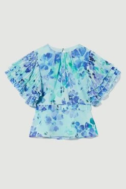 Karen Millen Pleat Detail Petal Print Ruffle Top -Karen Millen shop blue pleat detail petal print ruffle top 4
