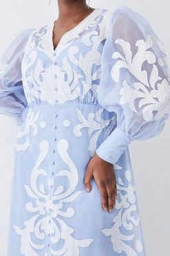 Karen Millen Plus Size Applique Organdie Buttoned Woven Maxi Dress -Karen Millen shop blue plus size applique organdie buttoned woven maxi dress 2