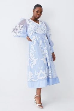Karen Millen Plus Size Applique Organdie Buttoned Woven Maxi Dress -Karen Millen shop blue plus size applique organdie buttoned woven maxi dress 3